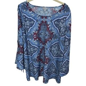 Octavia Maternity Blue Purple Boho Print Open Tie Sleeves Women's Medium